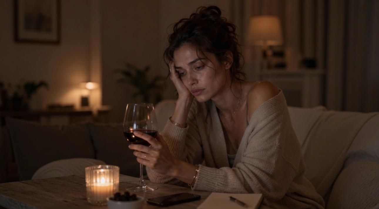 A tired woman sitting alone at night holding a glass of wine