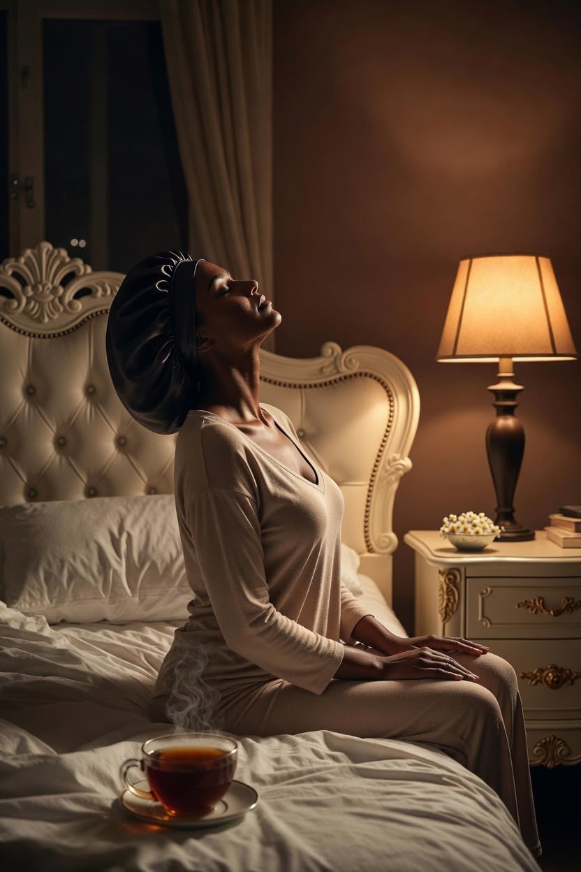 Woman in soft pajamas unwinding on her bed at night with a warm cup of chamomile tea beside a glowing lamp